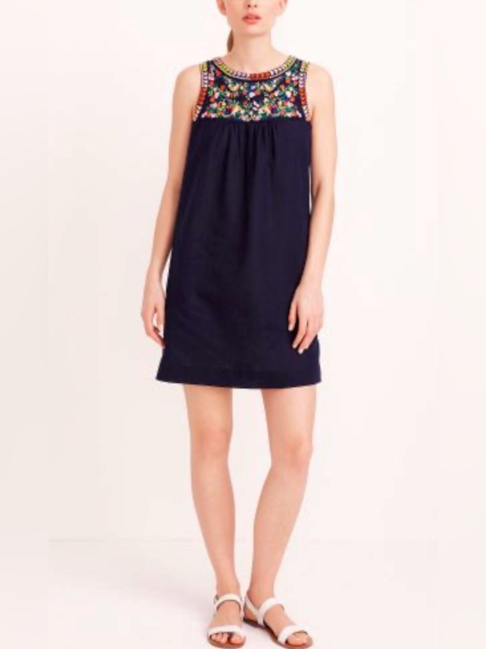 J.Crew Embroidered Linen Cotton Sleeveless Dress Size 2 Navy Blue